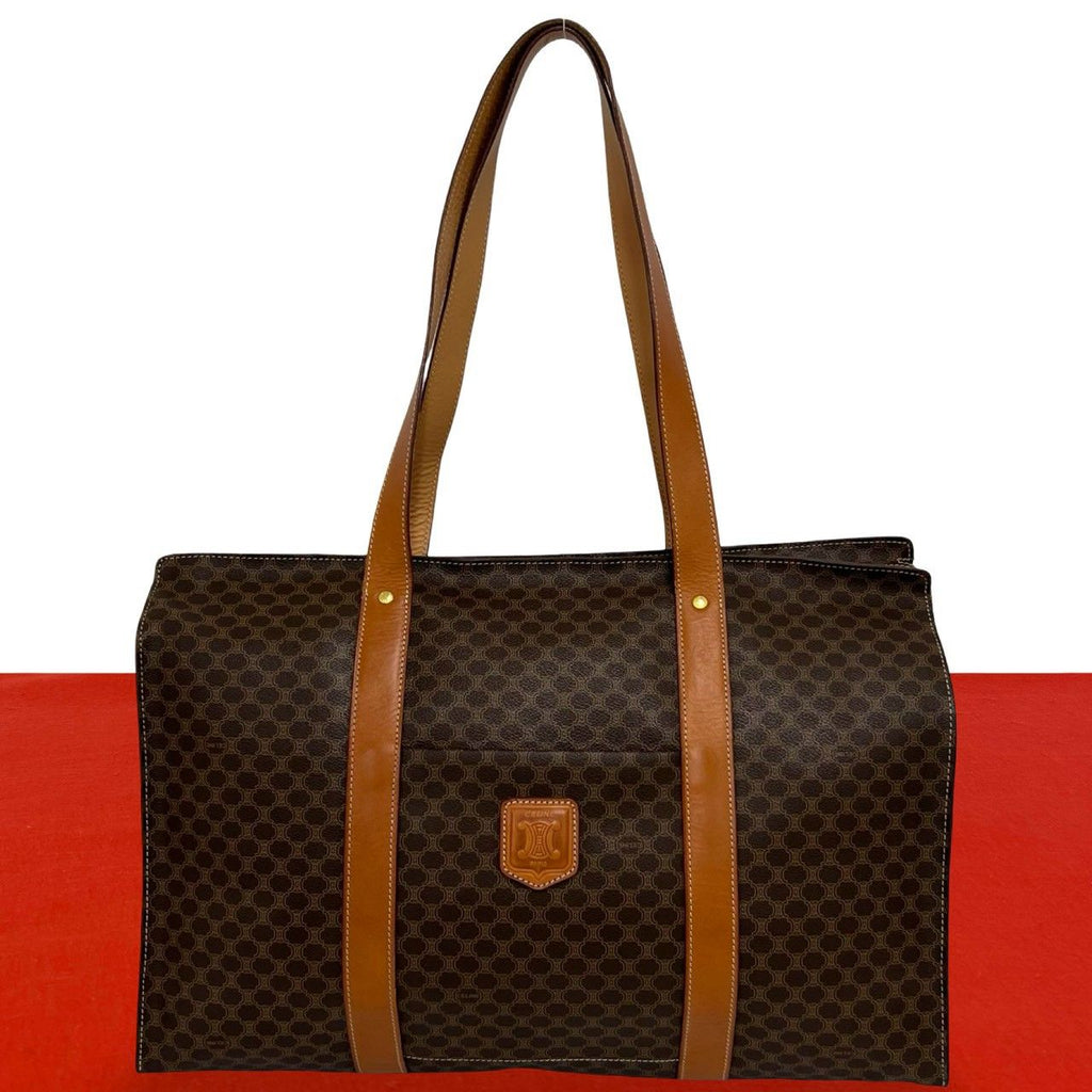 Celine Vintage Macadam Blason Leather Tote Shoulder Bag Brown