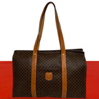 Celine Vintage Macadam Blason Leather Tote Shoulder Bag Brown