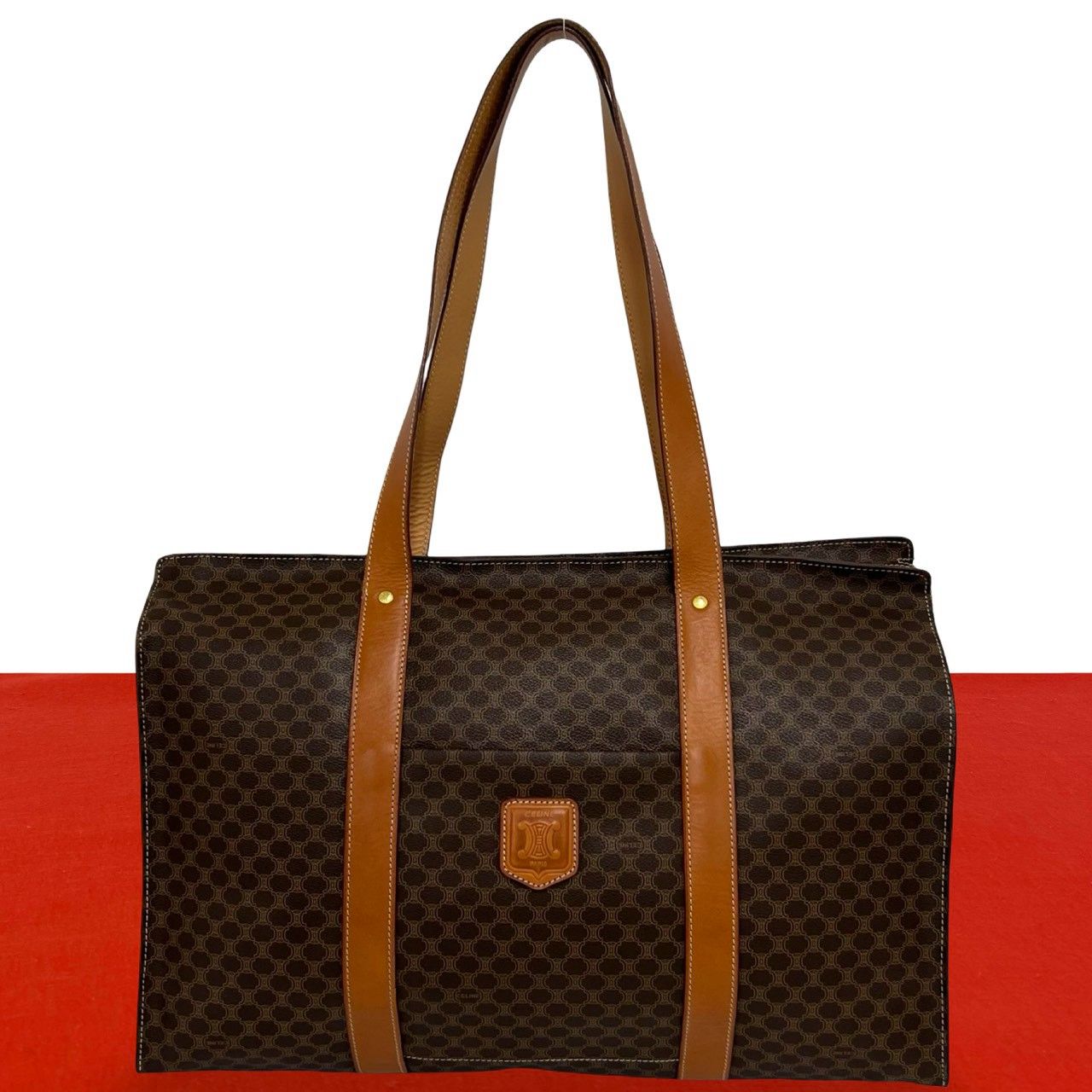 Celine Vintage Macadam Blason Leather Tote Shoulder Bag Brown