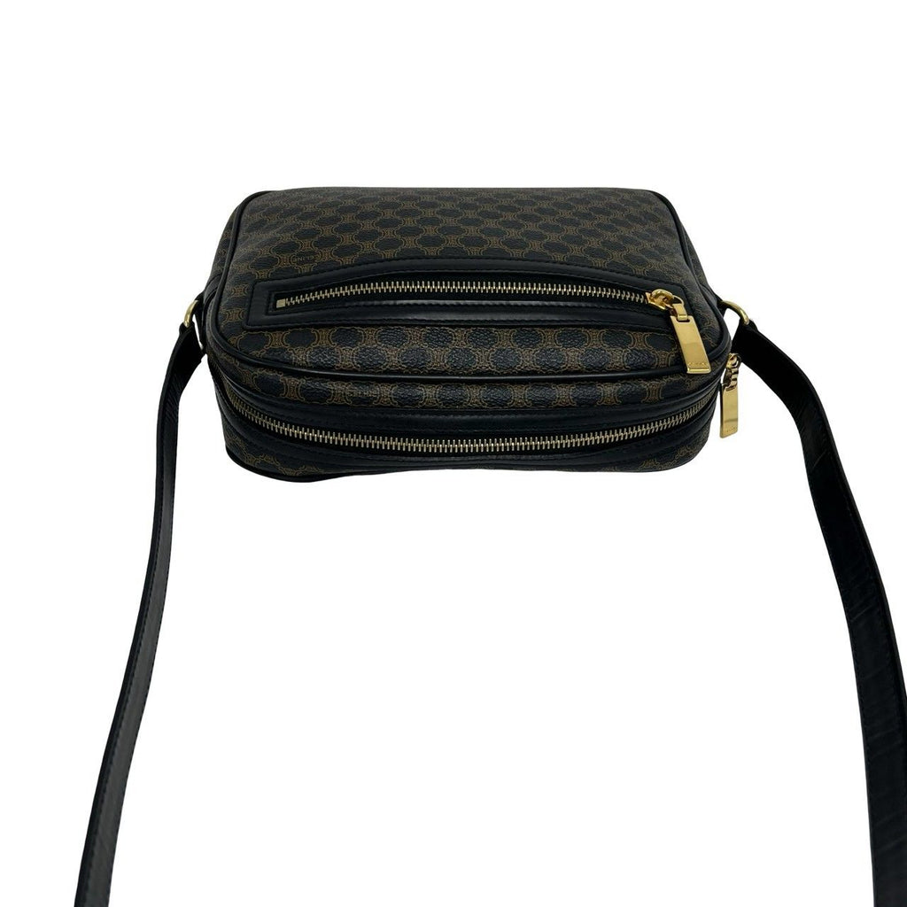 Celine Vintage Macadam Blason Triomphe Pattern Leather Shoulder Bag Black Brown — view 4