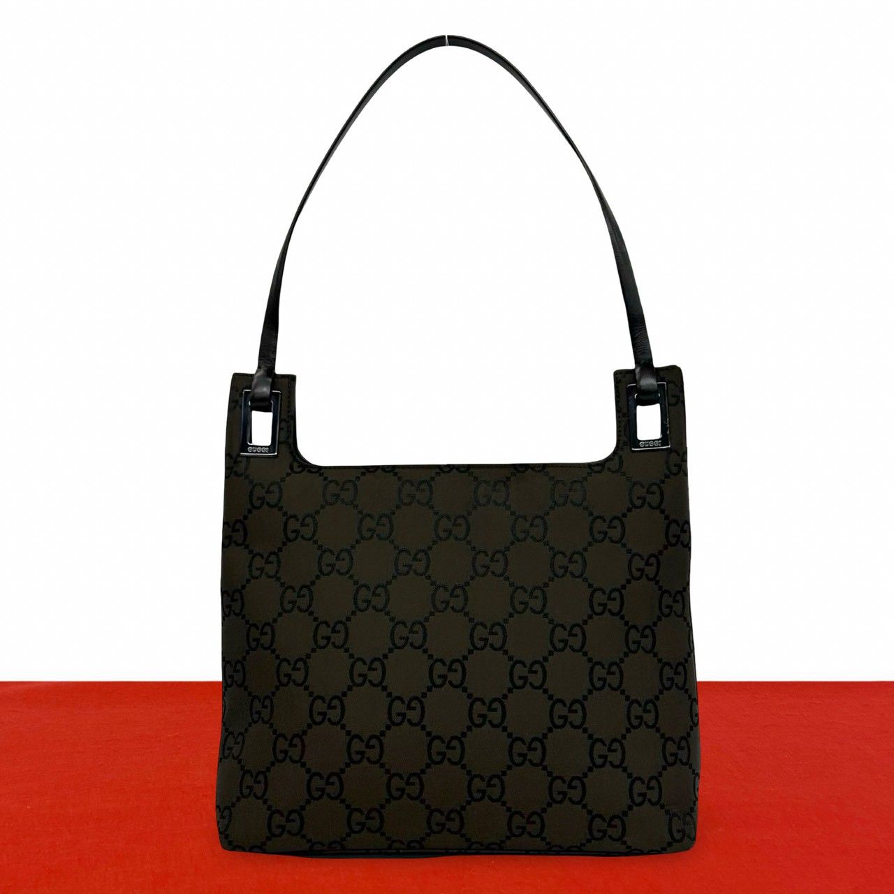 Gucci GG Logo Pattern Canvas Leather Shoulder Bag Mini Tote Brown