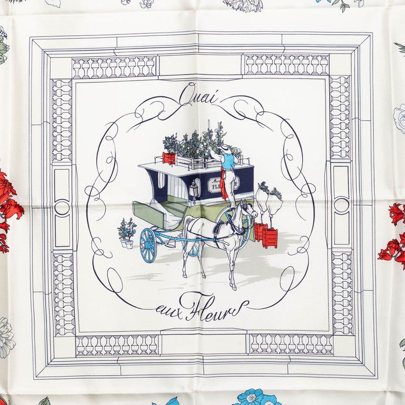 Hermes Carre 90 Quai Aux Fleurs Flowers Blooming Coastal Street Scarf White Silk — view 2