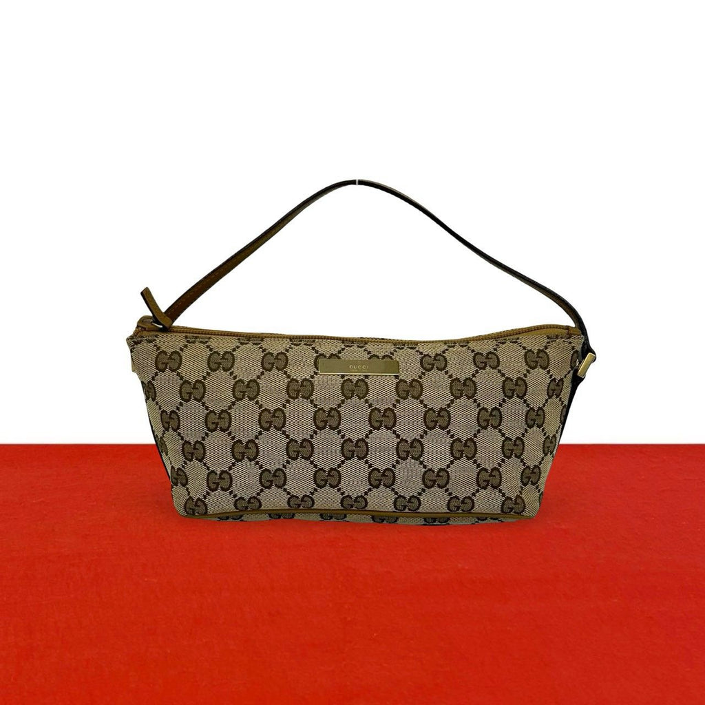 Gucci GG Pattern Logo Plate Canvas Leather Mini Handbag Pouch Beige Brown