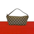 Gucci GG Pattern Logo Plate Canvas Leather Mini Handbag Pouch Beige Brown