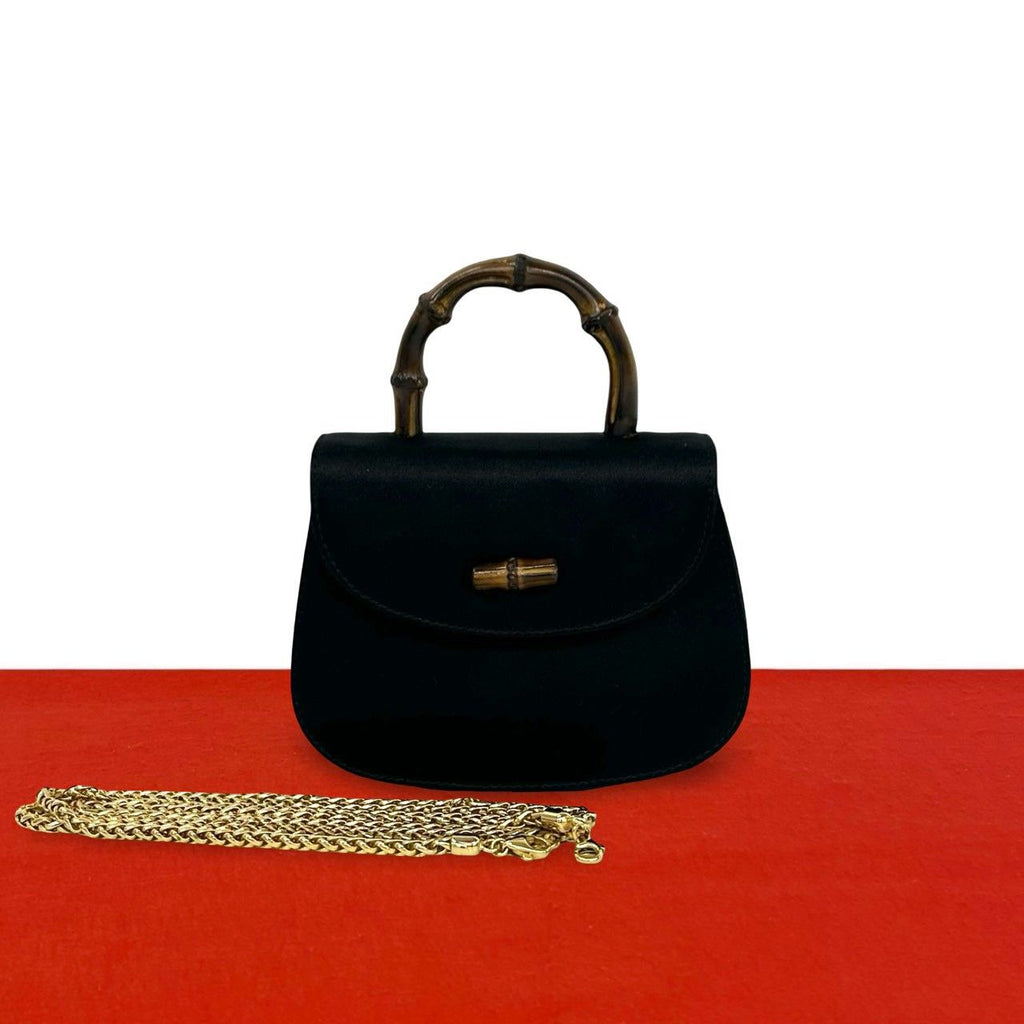 Gucci Vintage Bamboo Satin 2-Way Chain Shoulder Bag Black