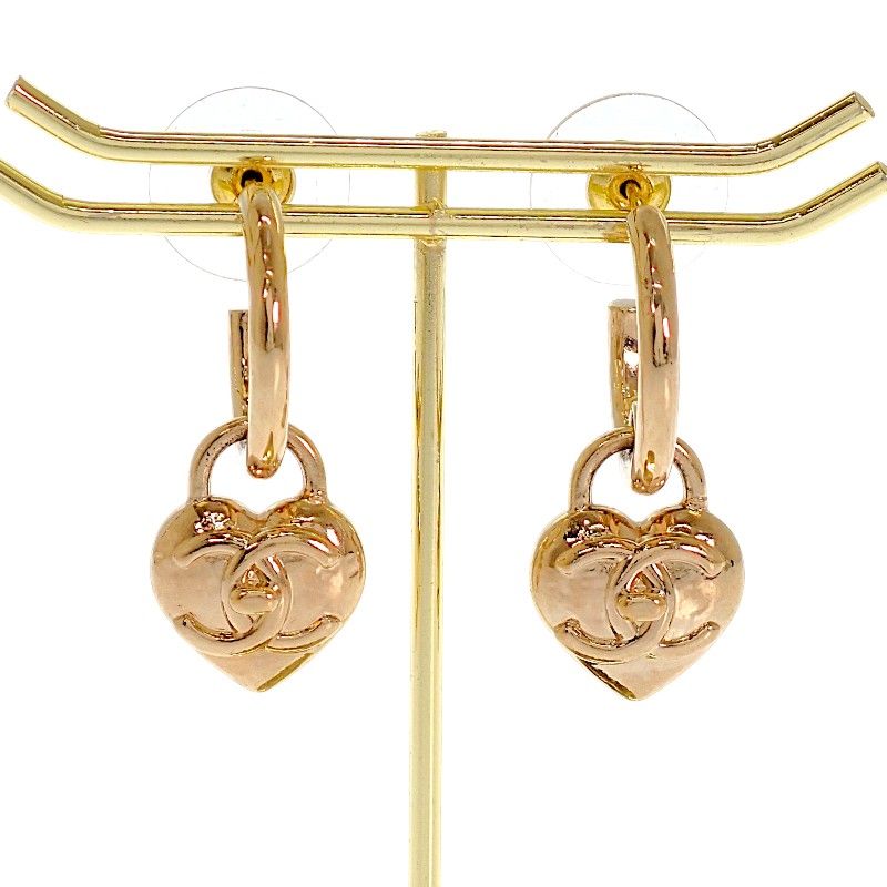 Chanel CC Logo Heart Hoop Earrings Included Metal Gold