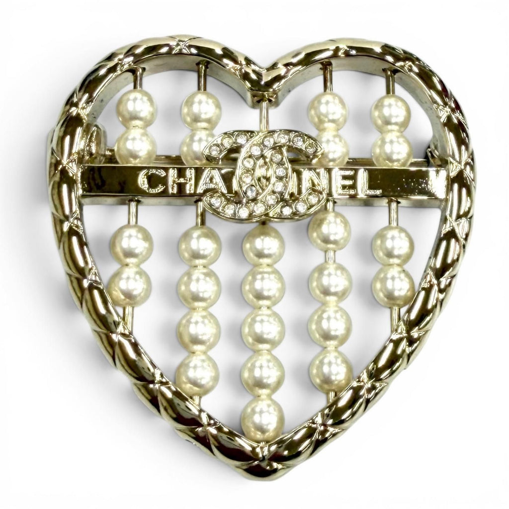 Chanel CC Logo Quilted Heart Brooch Gold White
