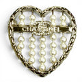 Chanel CC Logo Quilted Heart Brooch Gold White