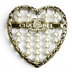 Chanel CC Logo Quilted Heart Brooch Gold White