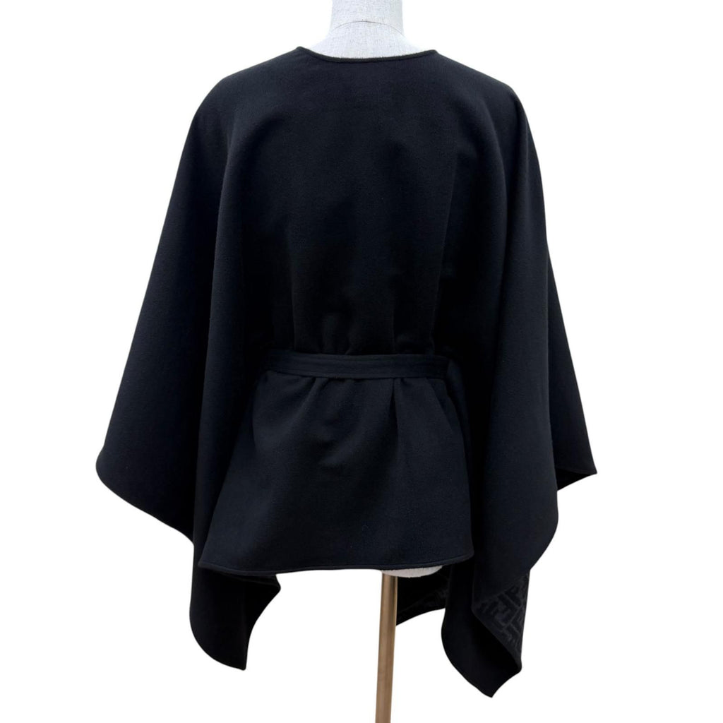 Fendi Cashmere Silk Blend Lining Zucca Pattern Belt Cape Coat Poncho Black — view 4