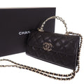 Chanel Quilted Phone Case 2-Way Shoulder Bag Caviar Leather Black Chain Top