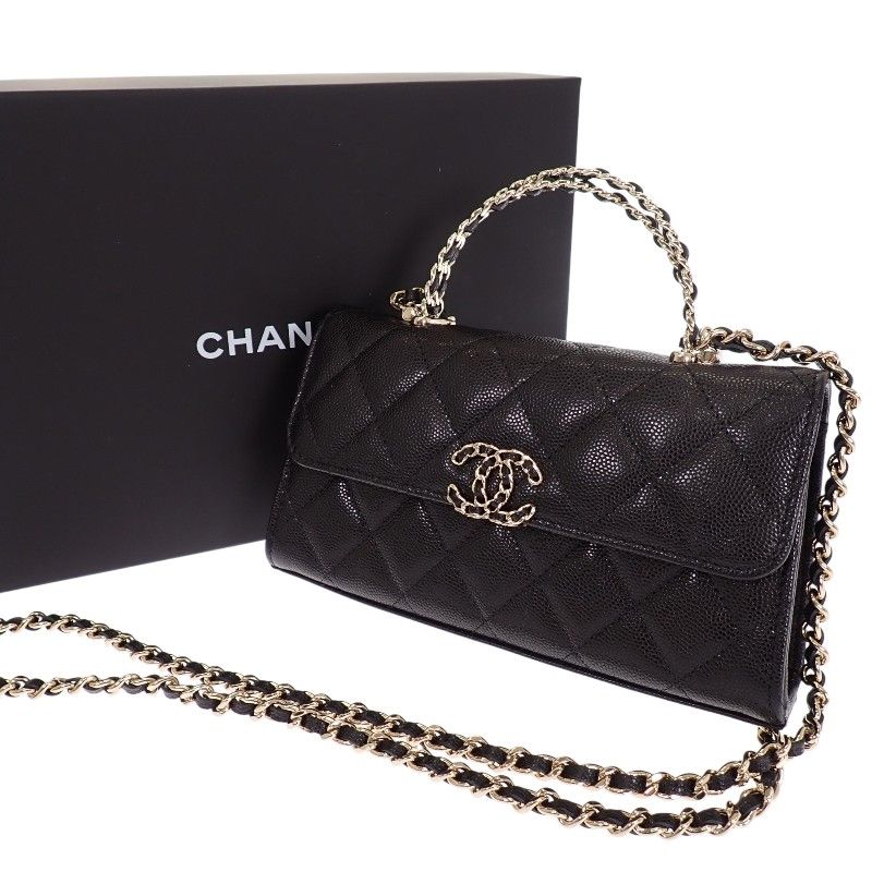 Chanel Quilted Phone Case 2-Way Shoulder Bag Caviar Leather Black Chain Top