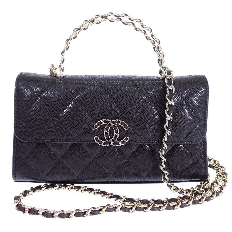 Chanel Quilted Phone Case 2-Way Shoulder Bag Caviar Leather Black Chain Top — view 2