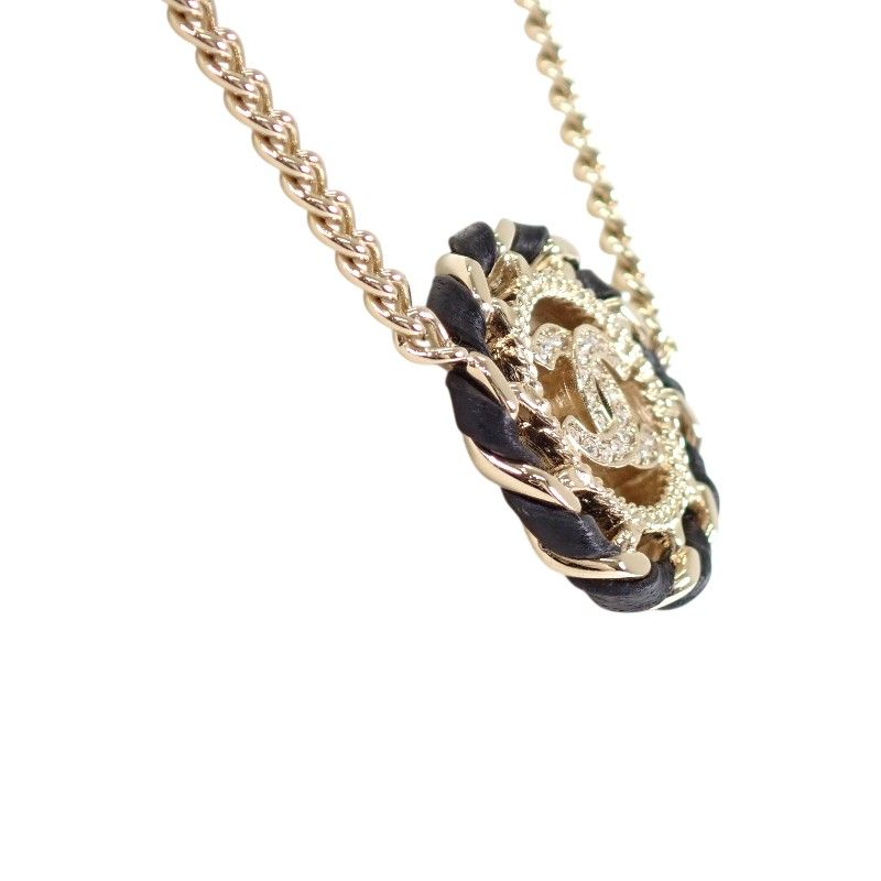 Chanel CC Logo Choker Pendant Metal Leather Strass with Champagne Gold — view 4