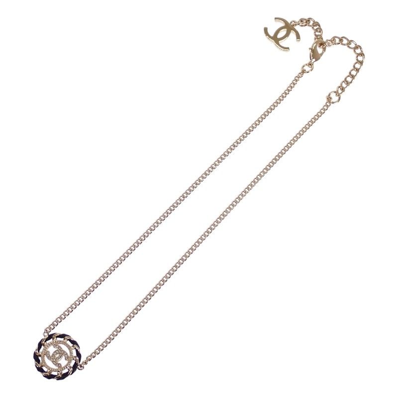 Chanel CC Logo Choker Pendant Metal Leather Strass with Champagne Gold — view 6