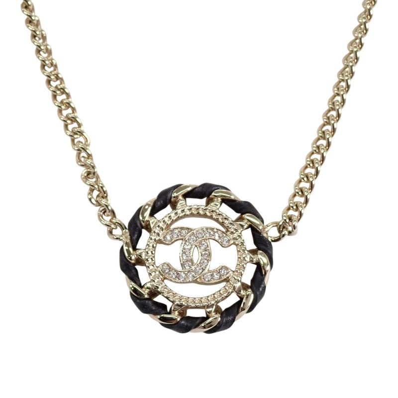 Chanel CC Logo Choker Pendant Metal Leather Strass with Champagne Gold