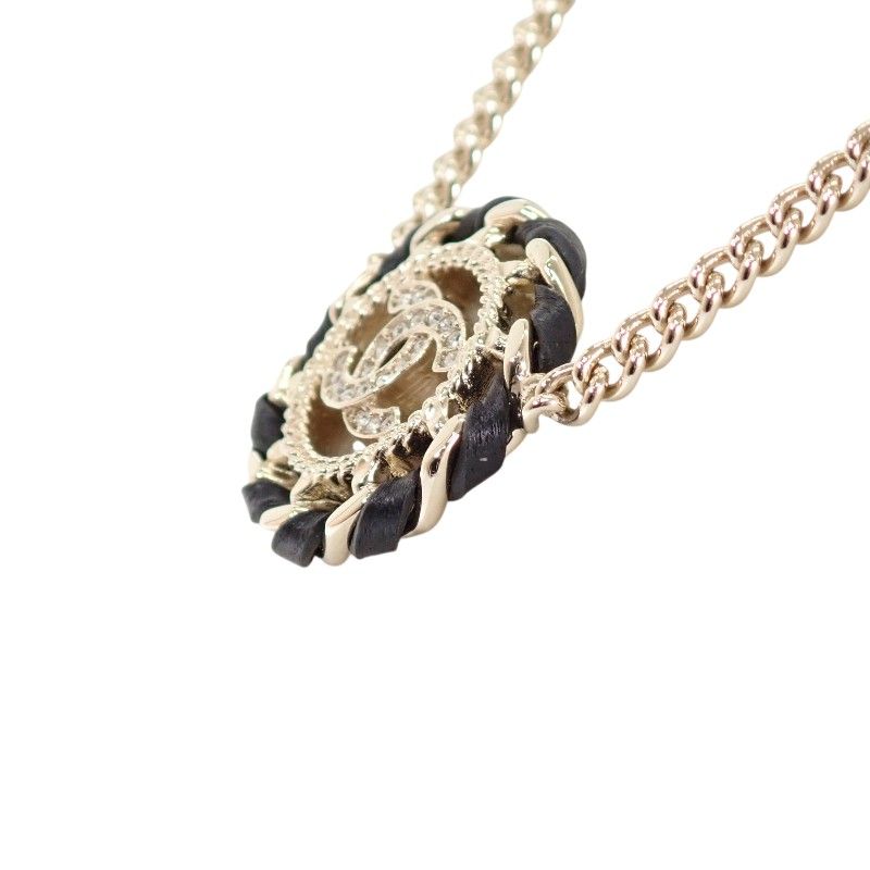 Chanel CC Logo Choker Pendant Metal Leather Strass with Champagne Gold — view 5