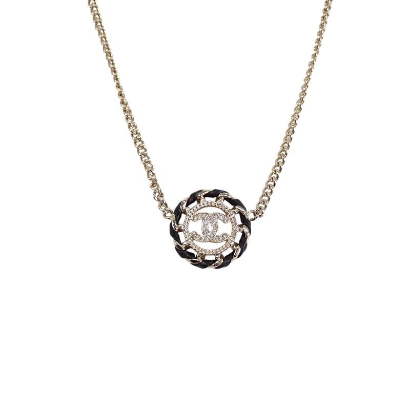 Chanel CC Logo Choker Pendant Metal Leather Strass with Champagne Gold — view 2