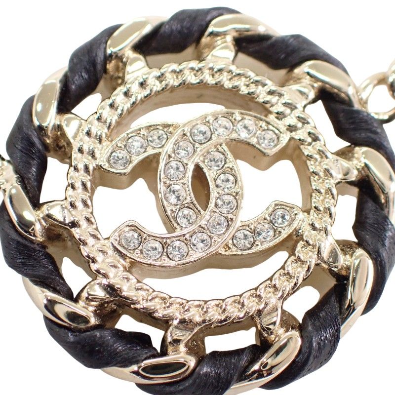 Chanel CC Logo Choker Pendant Metal Leather Strass with Champagne Gold — view 7