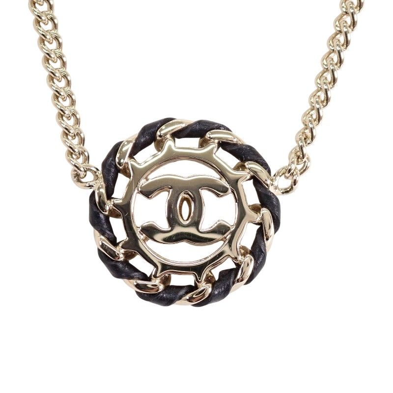 Chanel CC Logo Choker Pendant Metal Leather Strass with Champagne Gold — view 3