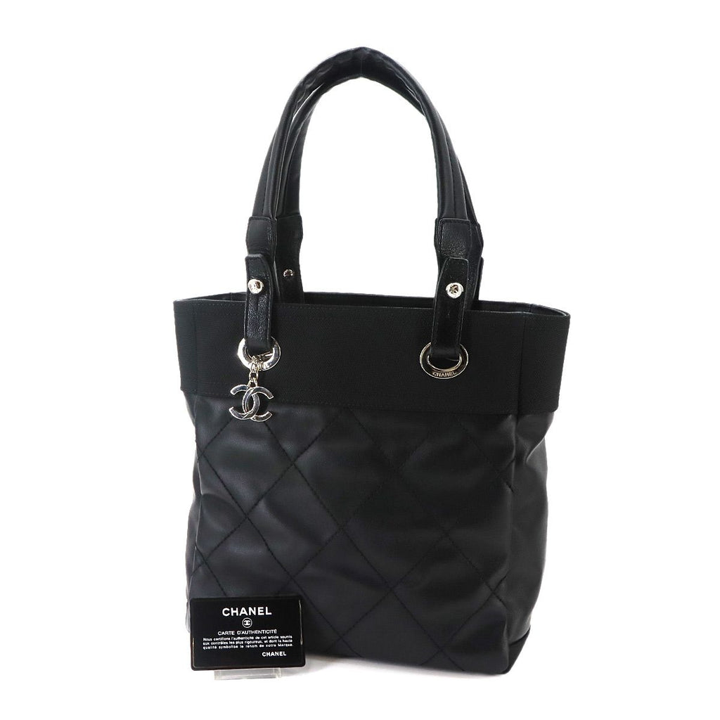 Chanel Paris Biarritz PM Tote Nylon Leather Black Silver — view 2