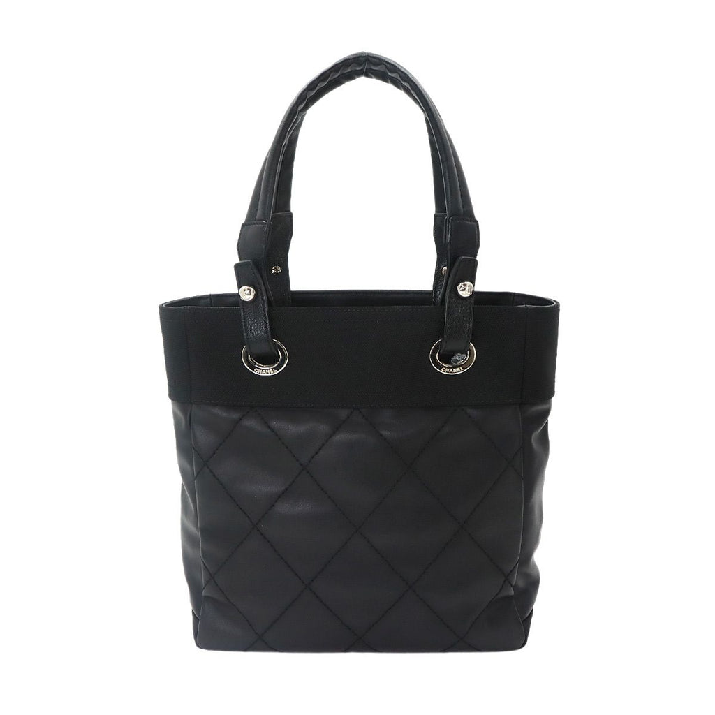 Chanel Paris Biarritz PM Tote Nylon Leather Black Silver — view 3