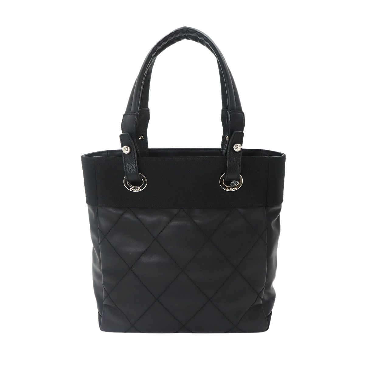 Chanel Paris Biarritz PM Tote Nylon Leather Black Silver — view 3