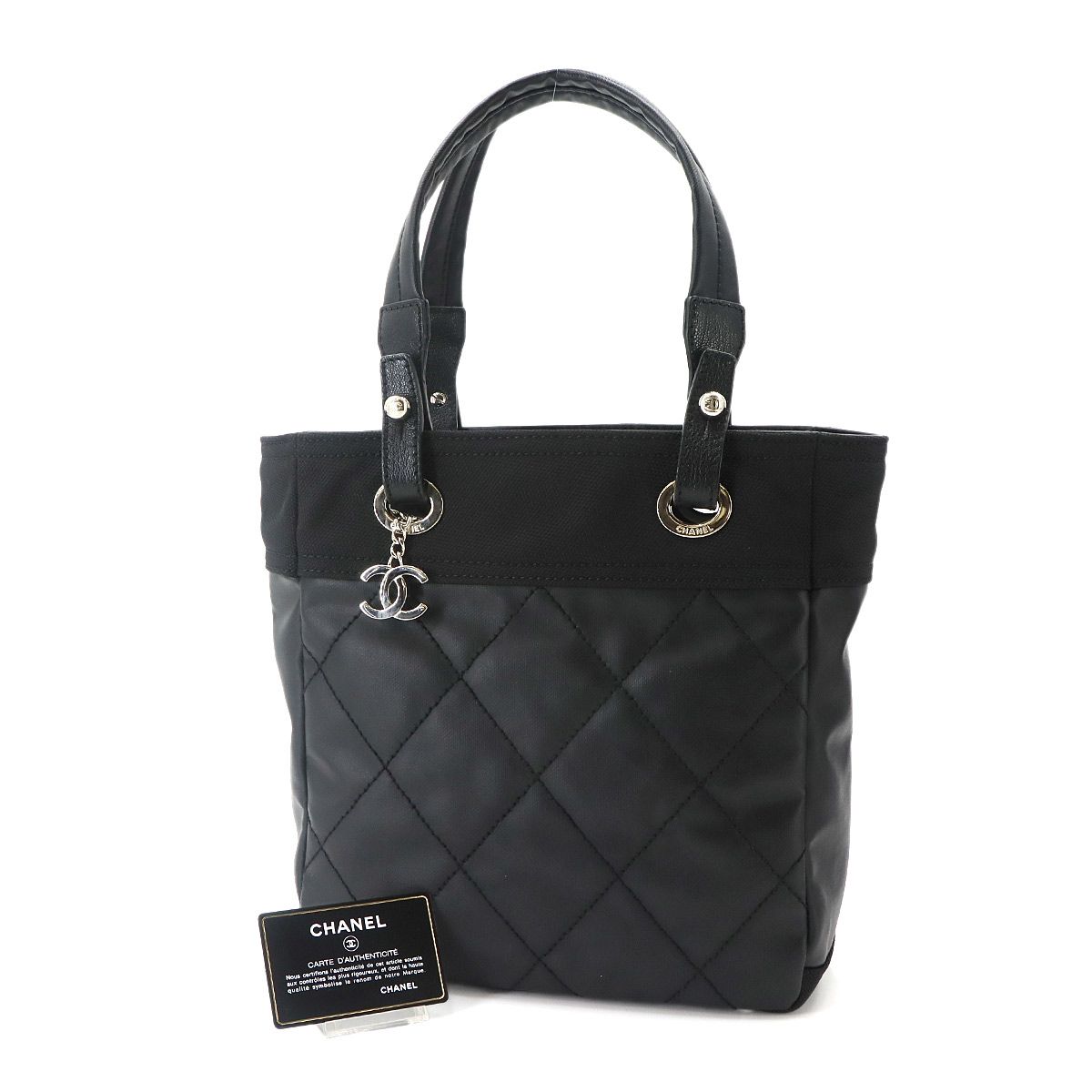 Chanel Paris Biarritz PM Tote Nylon Leather Black Silver — view 2