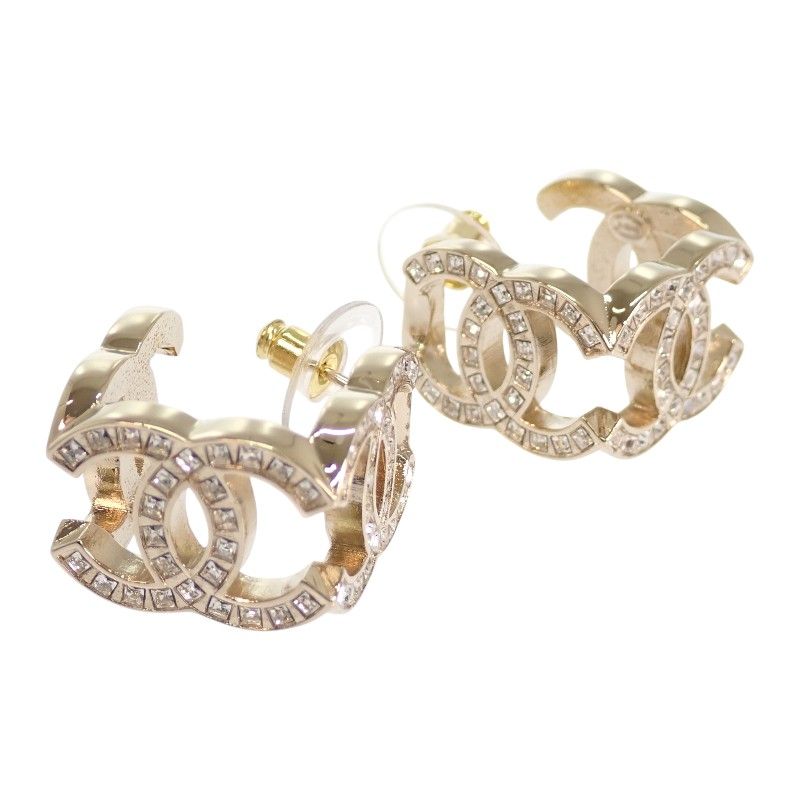 Chanel Triple CC Logo Hoop Earrings Metal Crystal with Gold — view 6