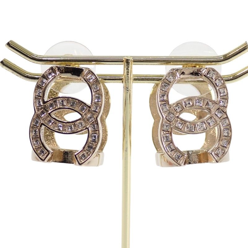 Chanel Triple CC Logo Hoop Earrings Metal Crystal with Gold