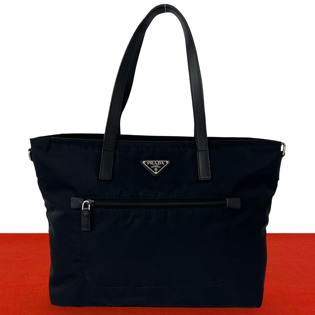 Prada Nylon Saffiano Leather Tote Shoulder Bag Black
