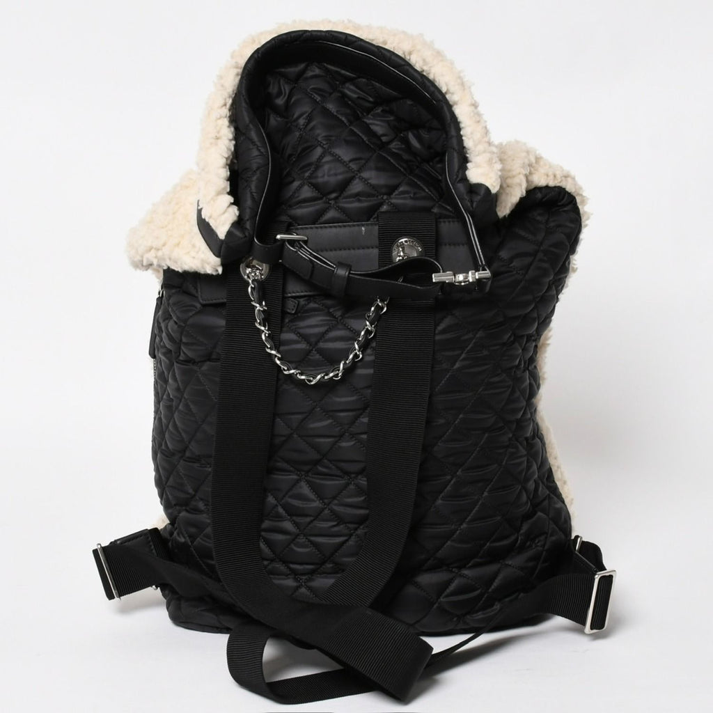 Chanel Coco Niege Neige Backpack CC Logo Nylon Fleece Beige Black — view 2