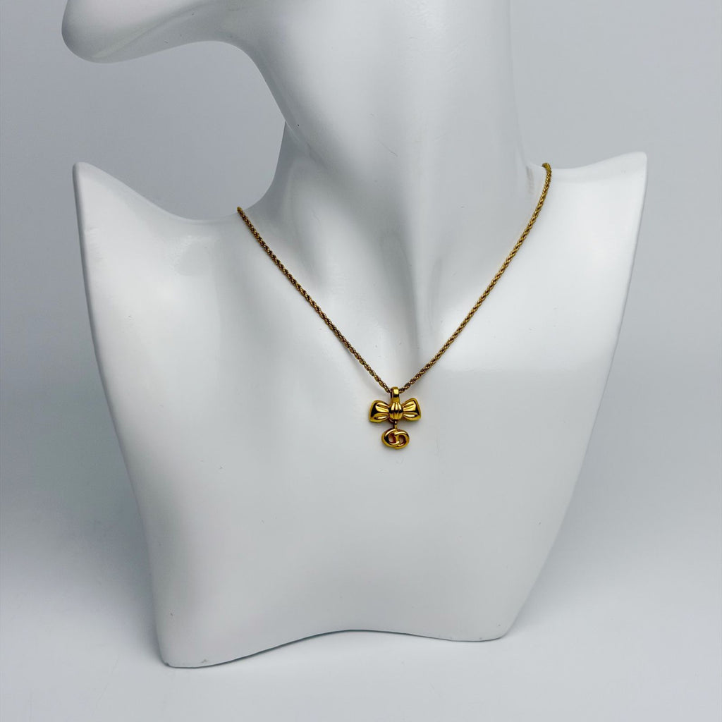 Dior Ribbon CD Logo Necklace Plated Gold Vintage