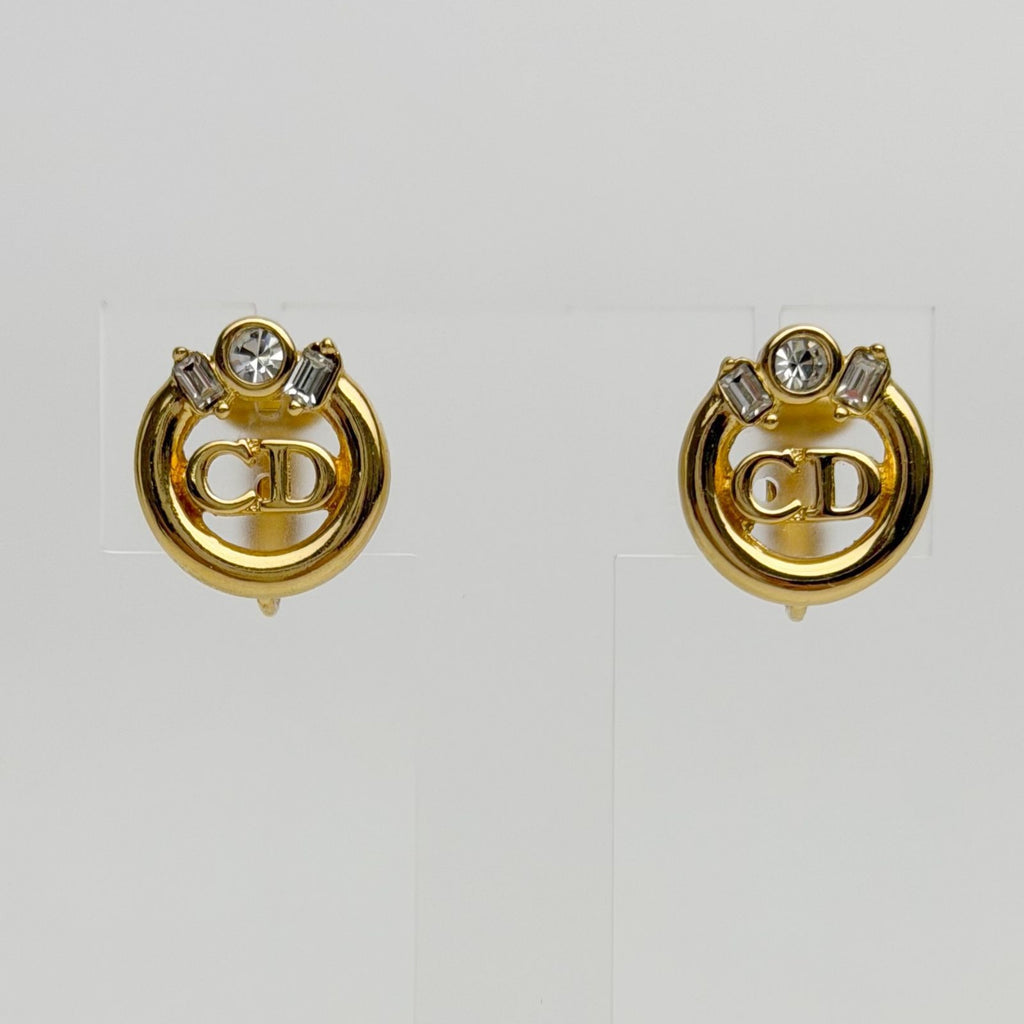 Dior Circle CD Logo Rhinestone Earrings Plated Gold Clear Vintage