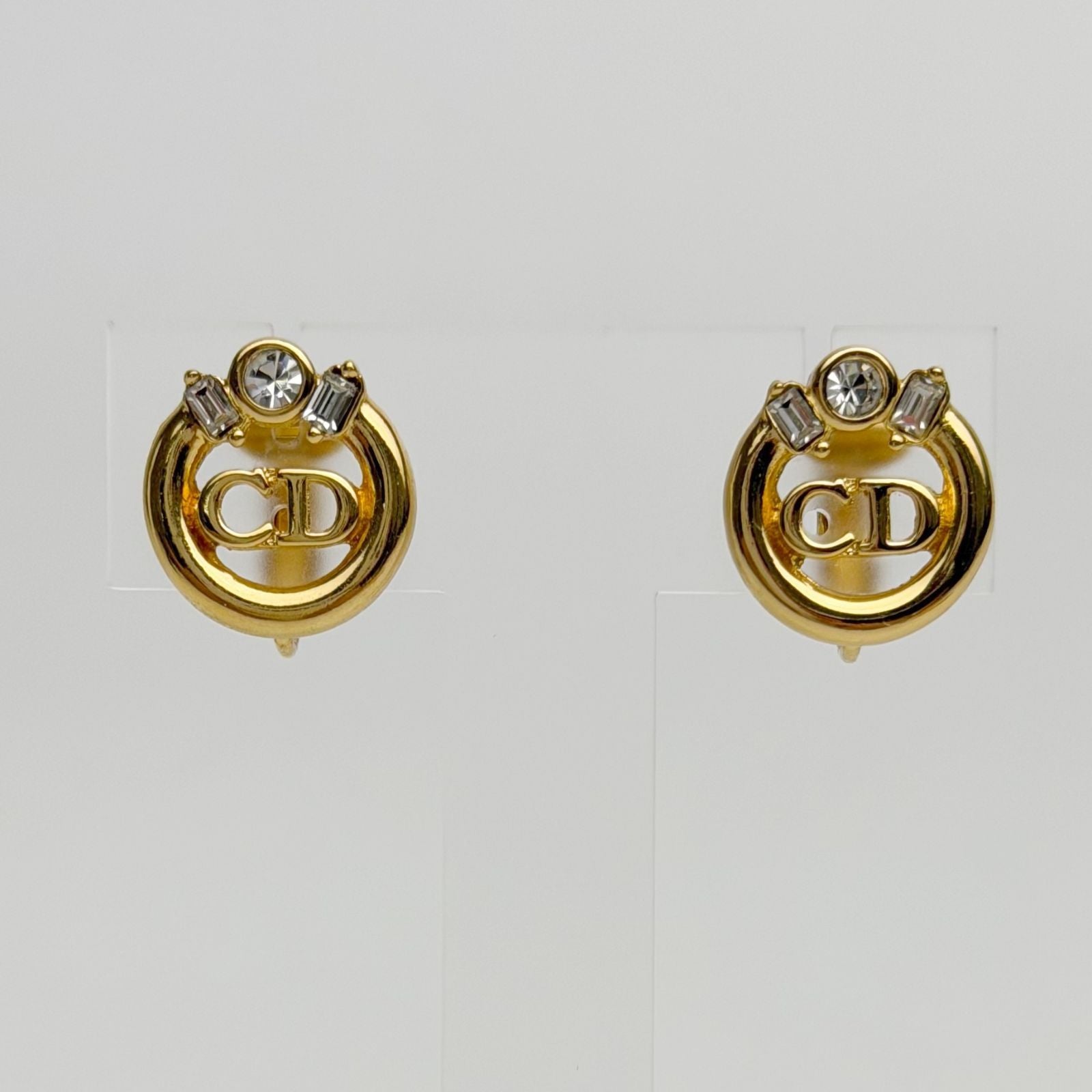 Dior Circle CD Logo Rhinestone Earrings Plated Gold Clear Vintage
