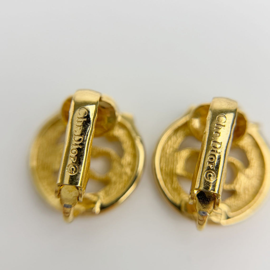Dior Circle CD Logo Rhinestone Earrings Plated Gold Clear Vintage — view 3