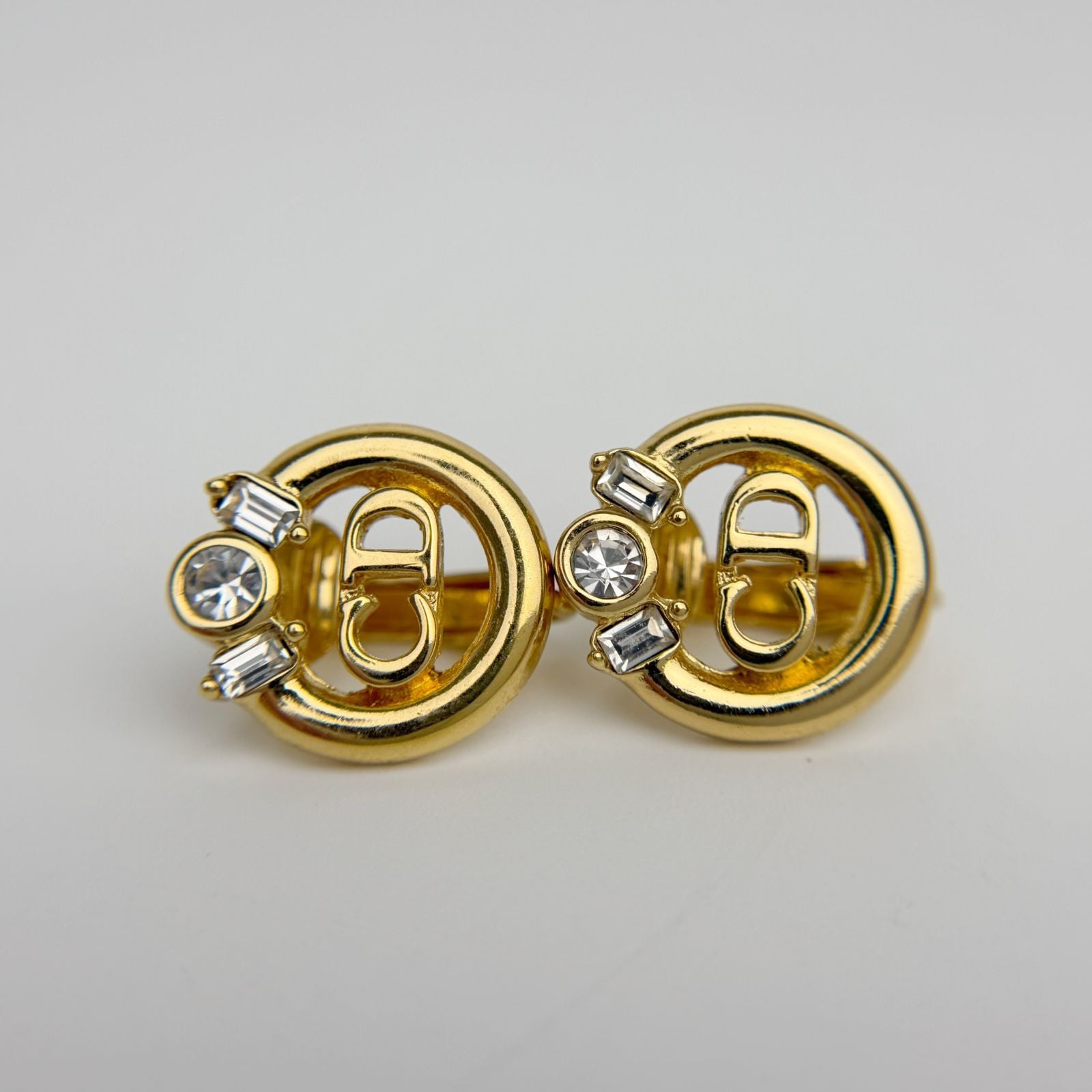Dior Circle CD Logo Rhinestone Earrings Plated Gold Clear Vintage — view 2