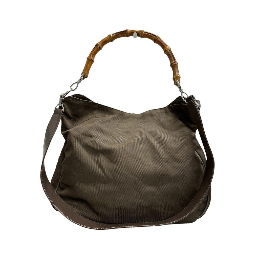 Gucci Bamboo Khaki Silver Nylon Leather Shoulder