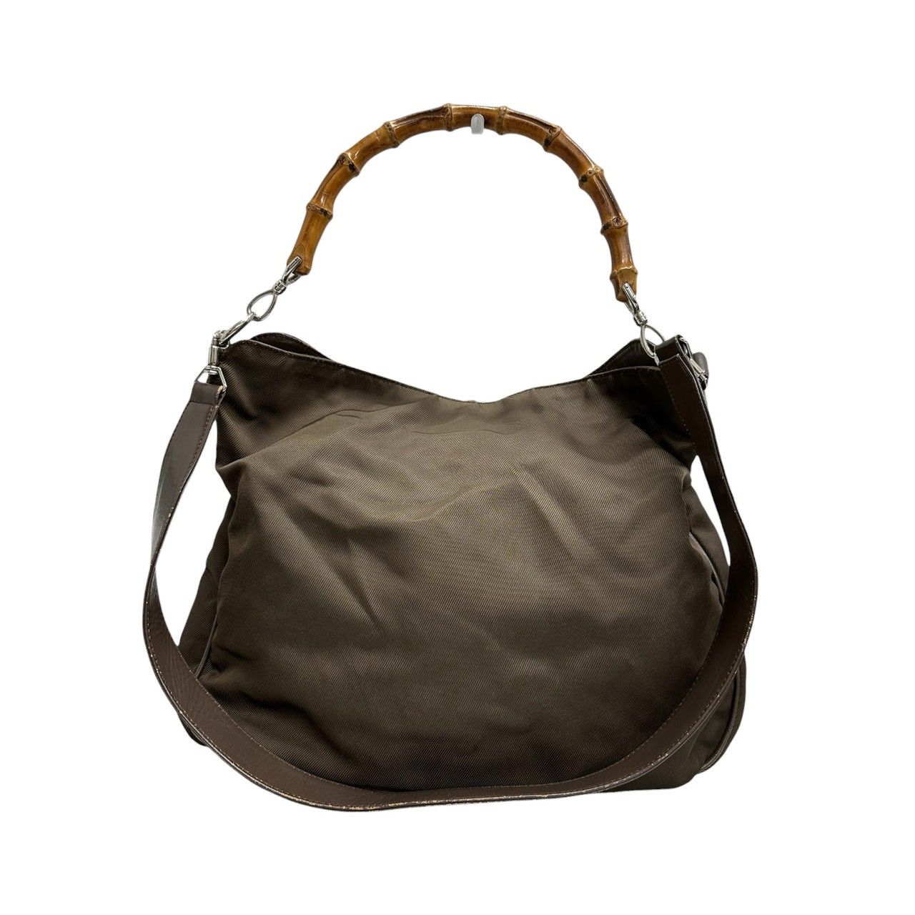 Gucci Bamboo Khaki Silver Nylon Leather Shoulder