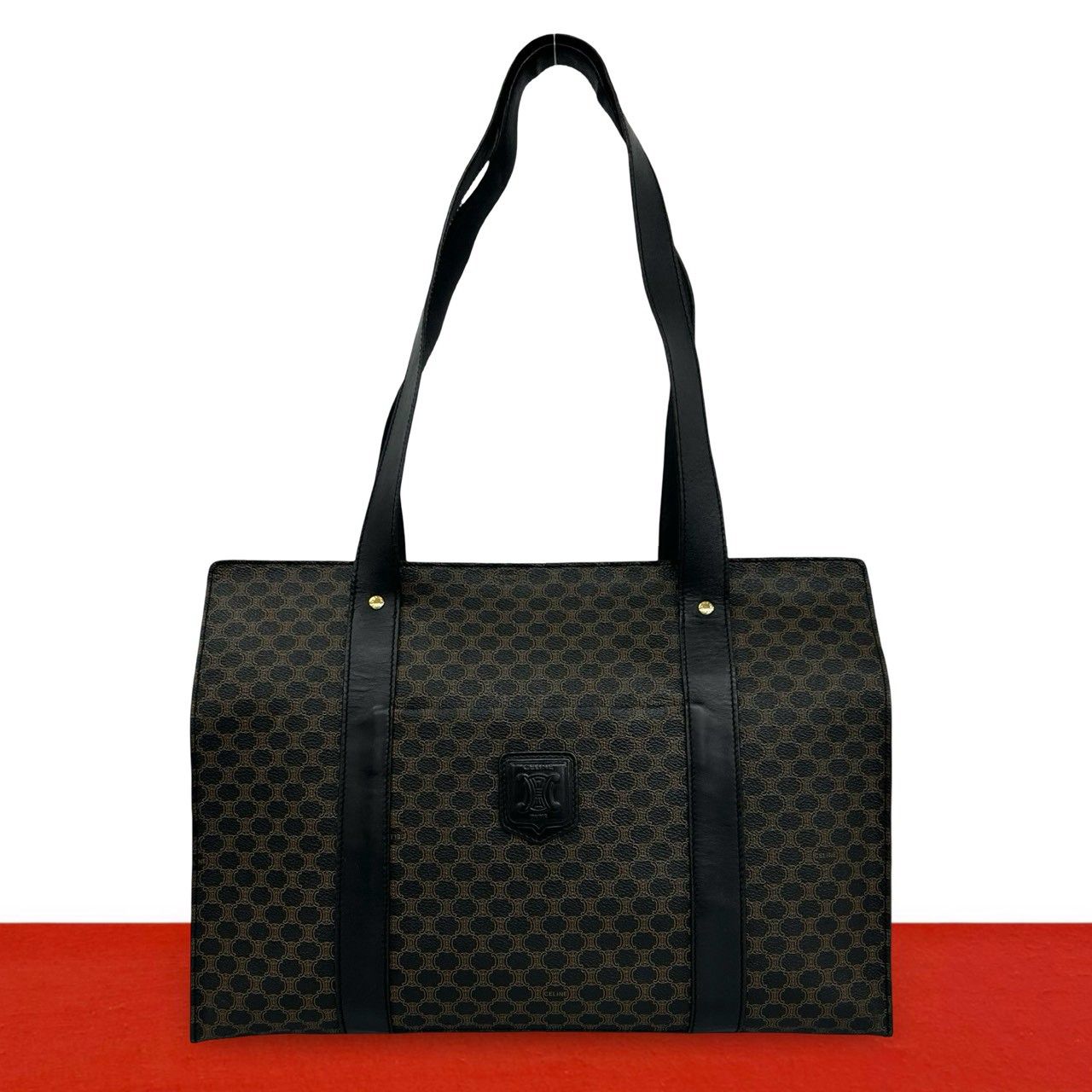 Celine Vintage Macadam Blason Triomphe Pattern Leather Tote Shoulder Bag Black