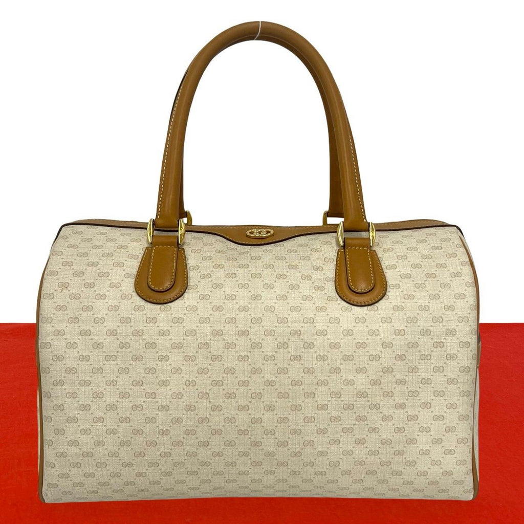 Gucci Vintage Micro GG Logo Pattern Leather Boston Bag Beige