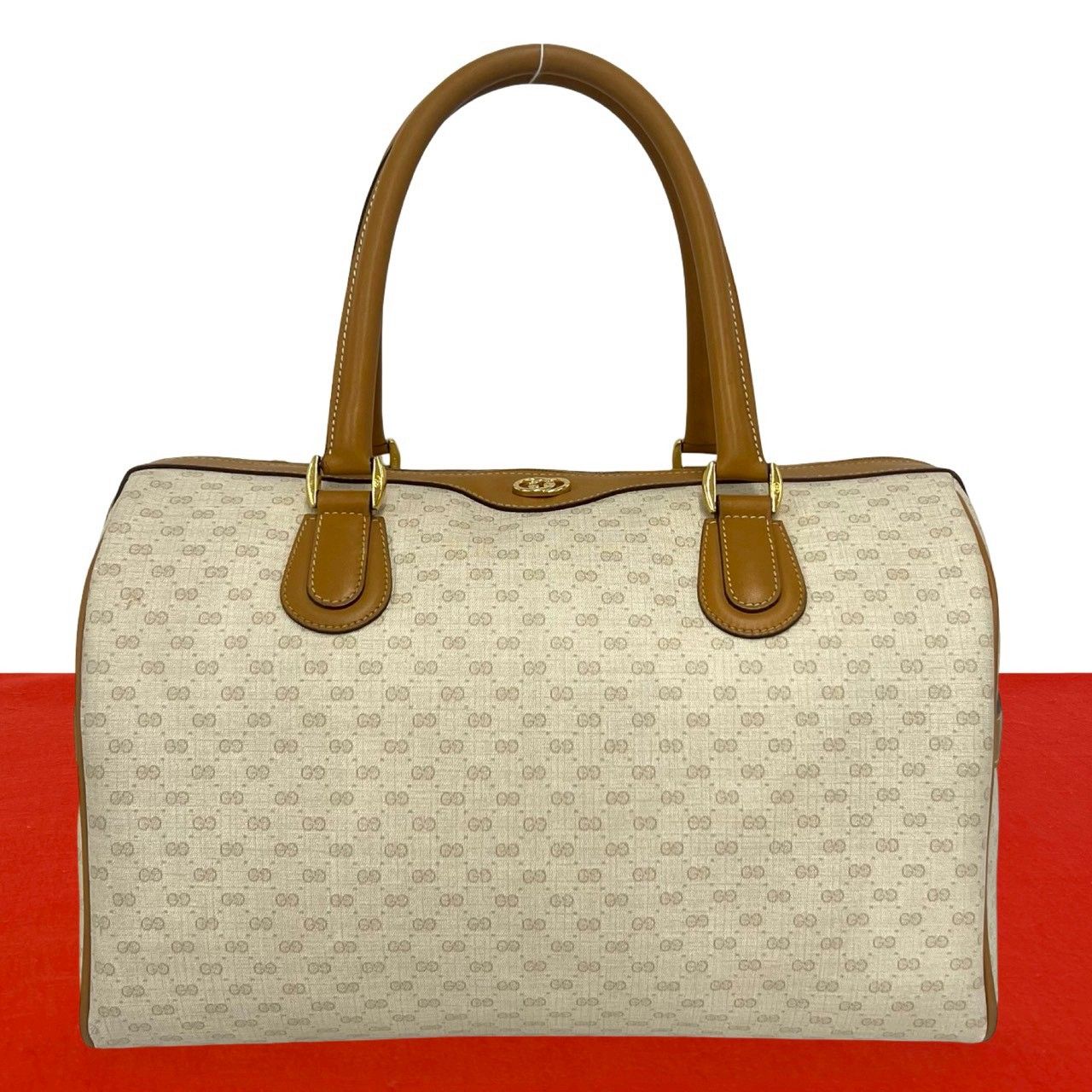 Gucci Vintage Micro GG Logo Pattern Leather Boston Bag Beige