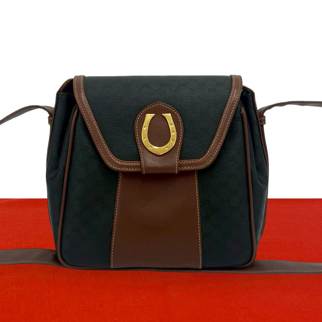 Gucci Vintage Micro GG Pattern Horsebit Leather Shoulder Bag Brown Black