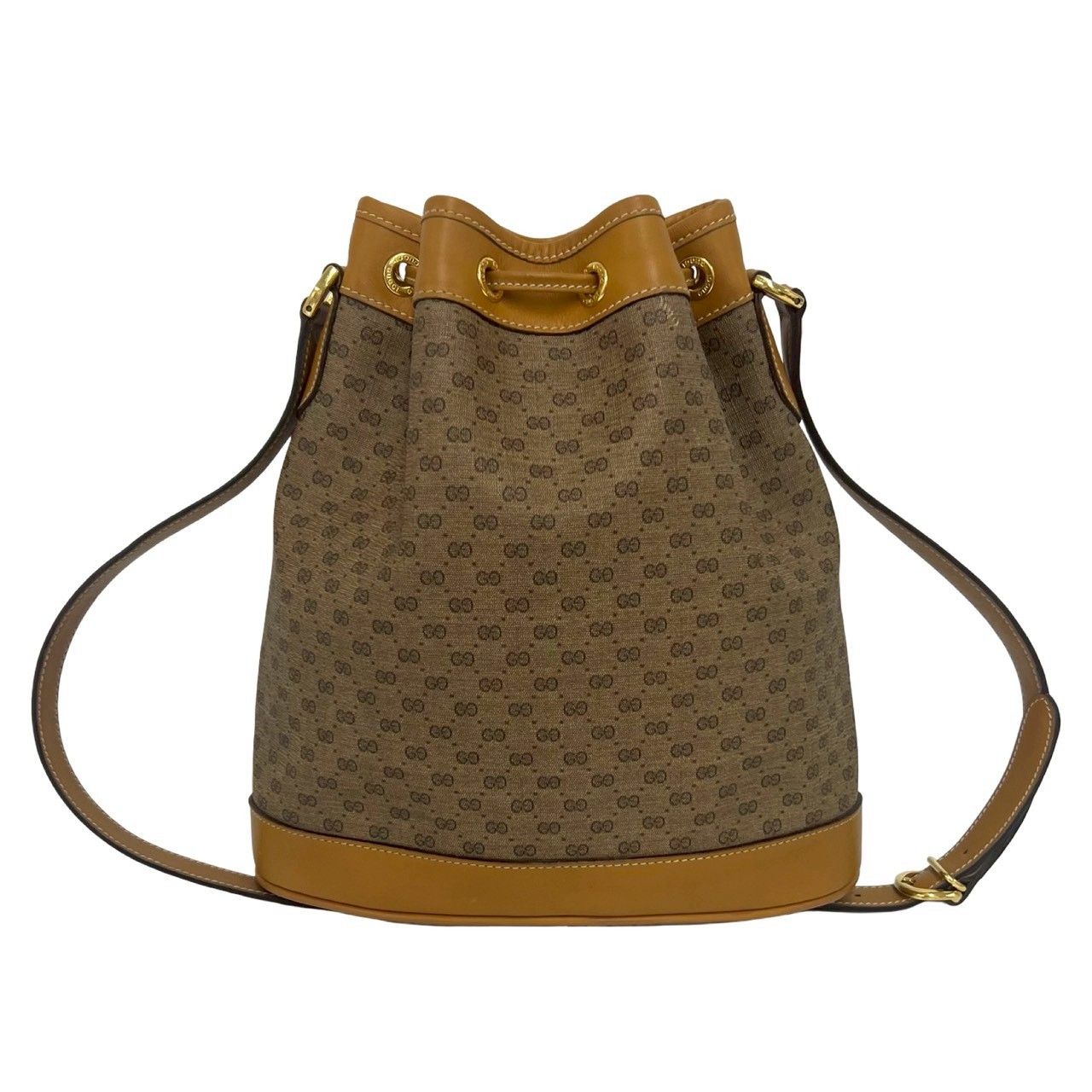 Gucci Vintage Micro GG Pattern Logo Leather Drawstring Shoulder Bag Brown Camel — view 3