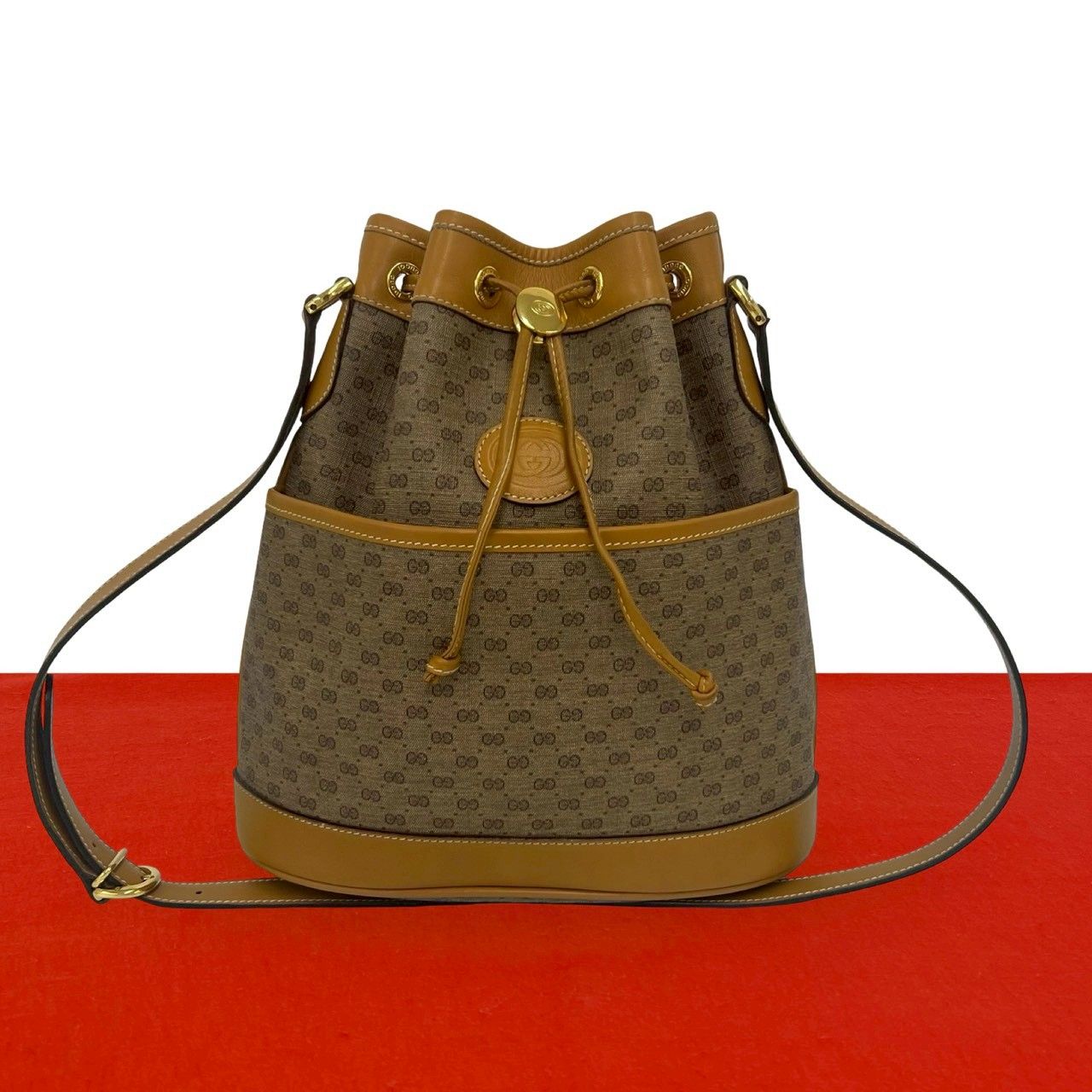 Gucci Vintage Micro GG Pattern Logo Leather Drawstring Shoulder Bag Brown Camel