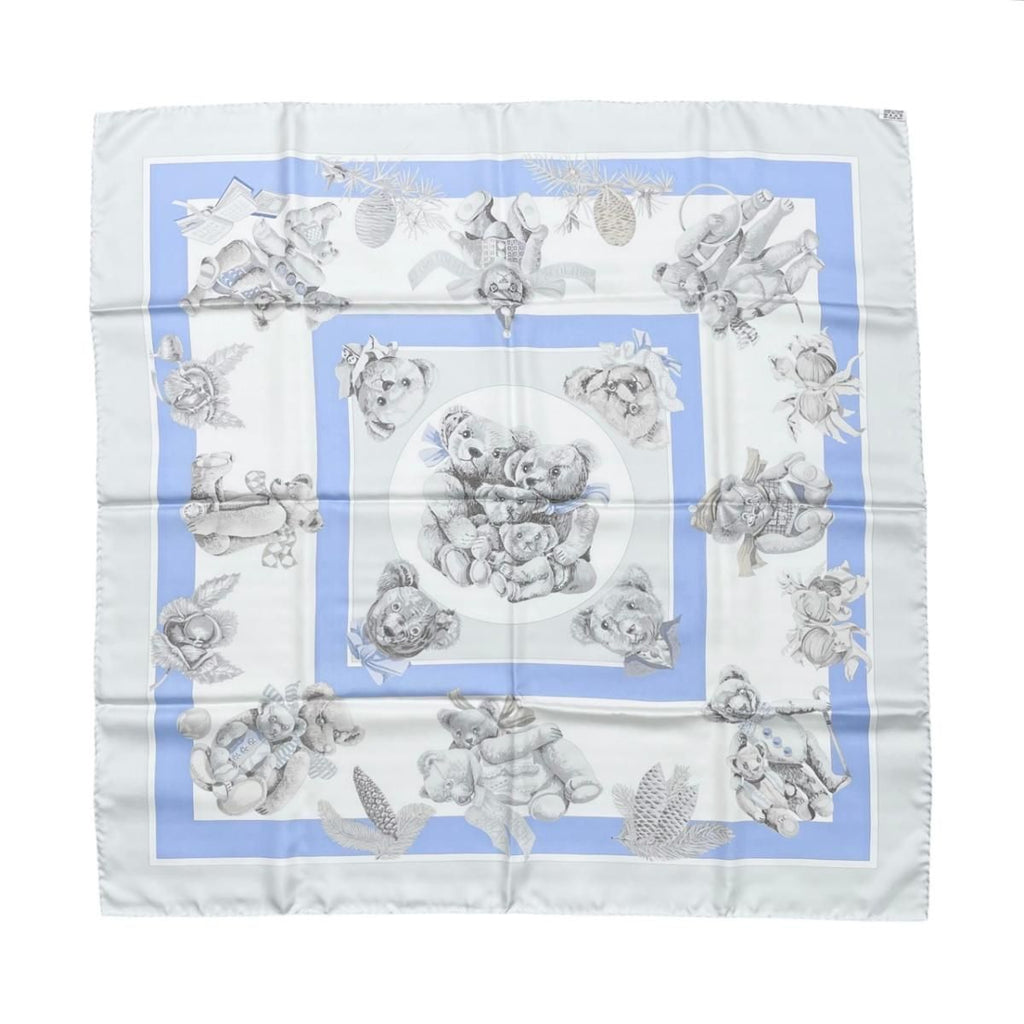 Hermes Silk Scarf Carre 90 Friends of the Heart Teddy Bear Blue White Confidents — view 2