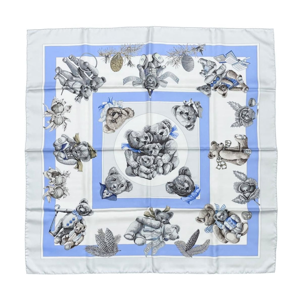 Hermes Silk Scarf Carre 90 Friends of the Heart Teddy Bear Blue White Confidents