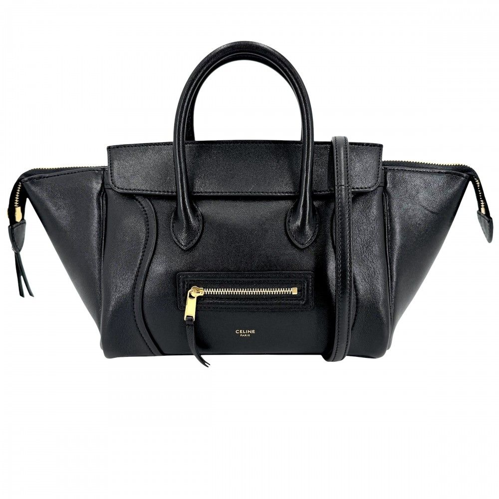 Celine 2-Way Little Luggage Shoulder Bag Leather Black Gold