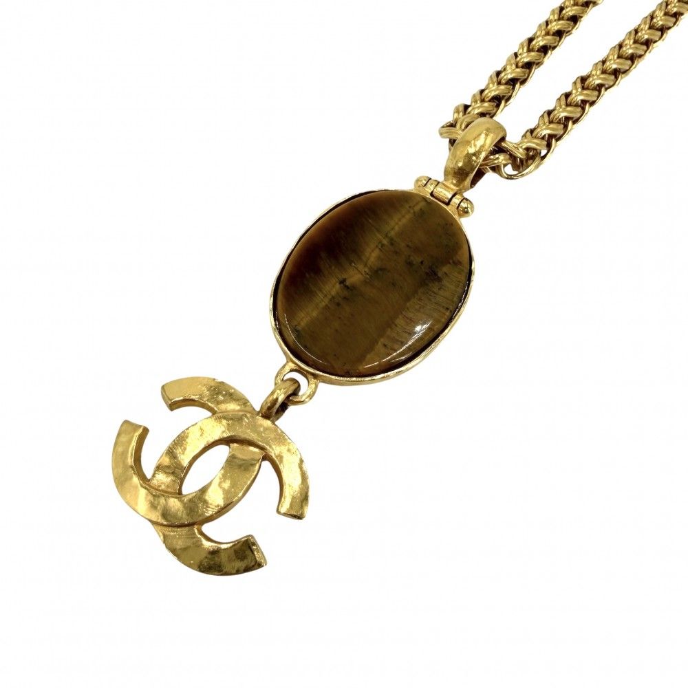 Chanel Necklace CC Logo Long Tiger Eye Gold