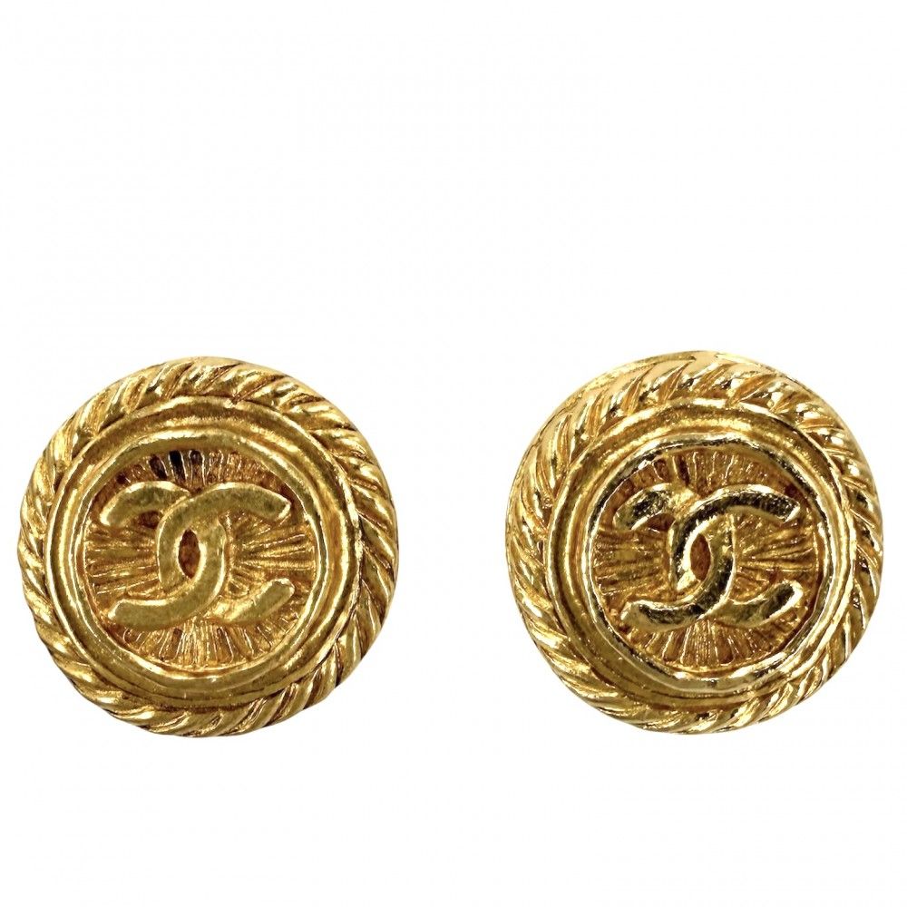 Chanel Earrings CC Logo Round Vintage Gold Plated